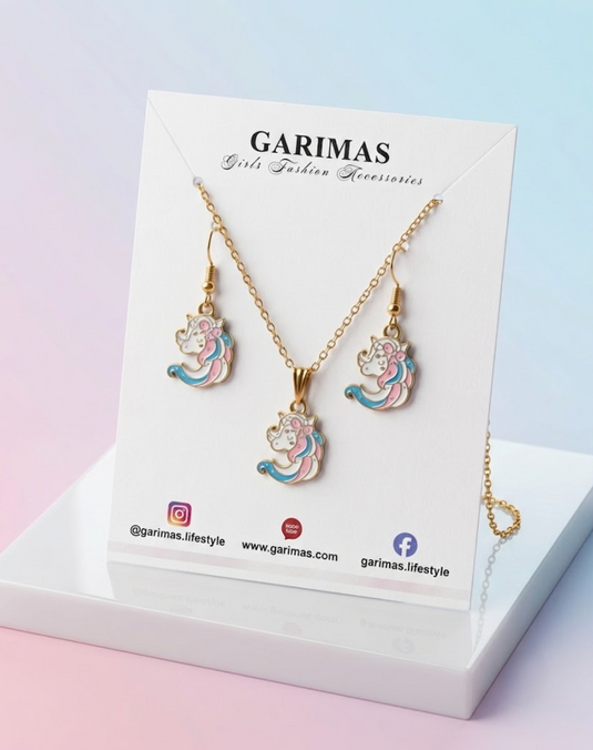 Unicorn Charms Pendant and Earring Set for Girls with  Golden Colour Chain