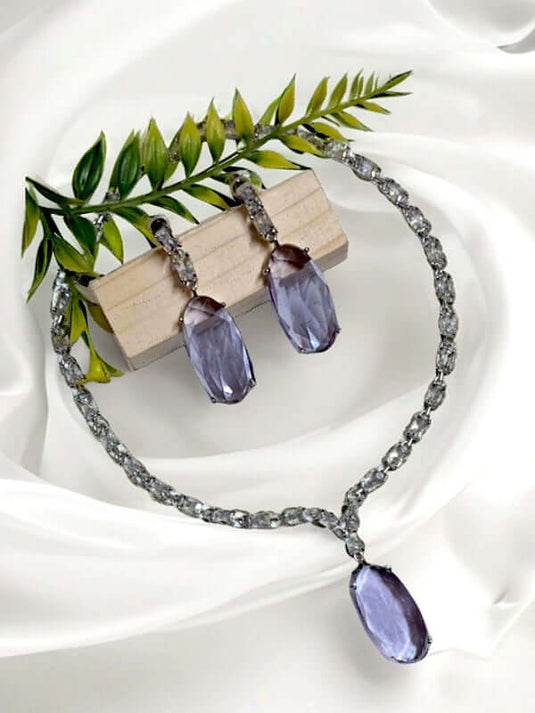 Silver Plated Aqua Purple Stone American Diamond Necklace Sets