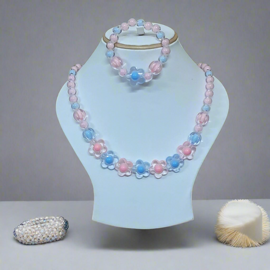 Pink and Blue Glass Beads Necklace and Bracelet Set for Girls