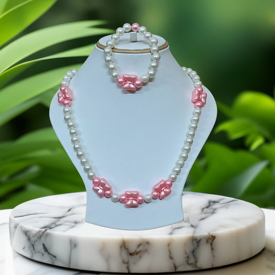 White and Pink  Beads Necklace and Bracelet Set for Girls