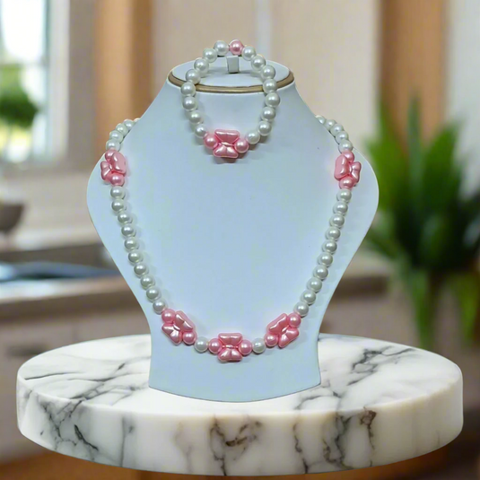 White and Pink  Beads Necklace and Bracelet Set for Girls