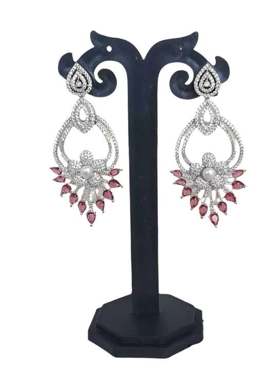 Pink American Diamond Studded Crystal Brass Drops & Danglers