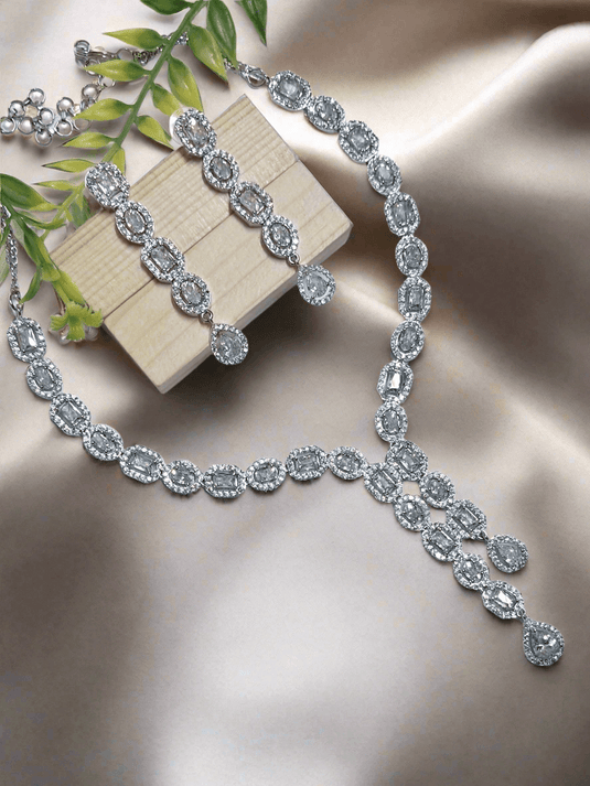 Silver Plated American Diamond Necklace Sets With White Stone - Garimas