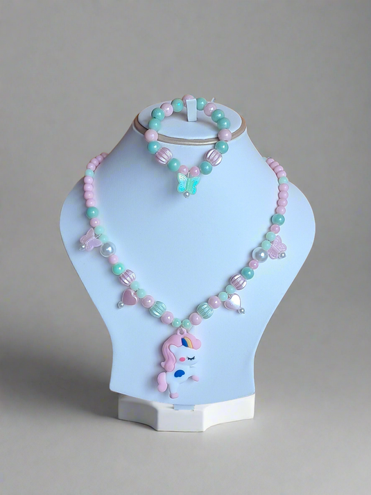 Green and Pink Beads Necklace and Bracelet Set for Girls