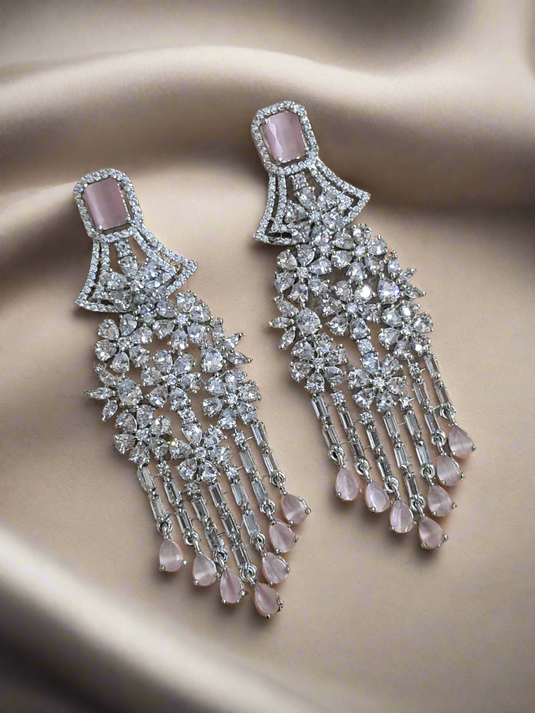 Aqua Pink Stone with American Diamond Earring