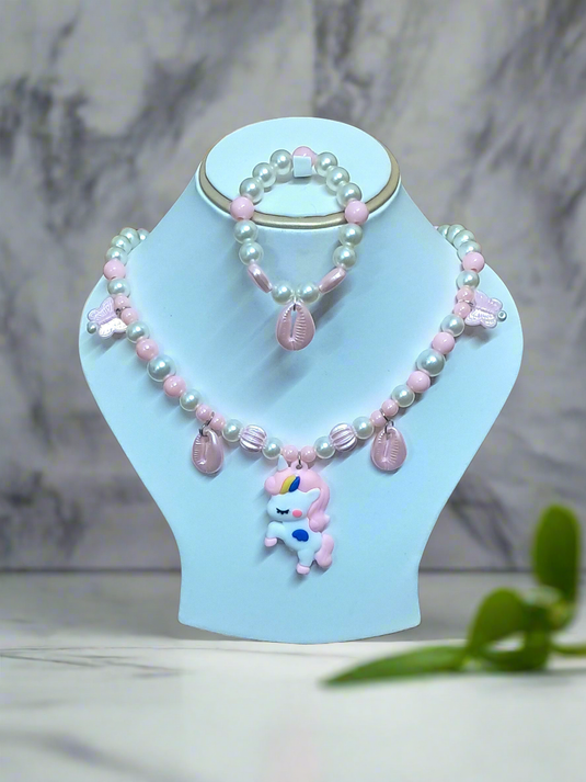 Baby Pink Pearl Beaded Unicorn Necklace and Bracelet Set for Girls