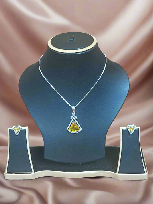Pendant Set  CZ Studded and silver Plated chain Aqua yellow