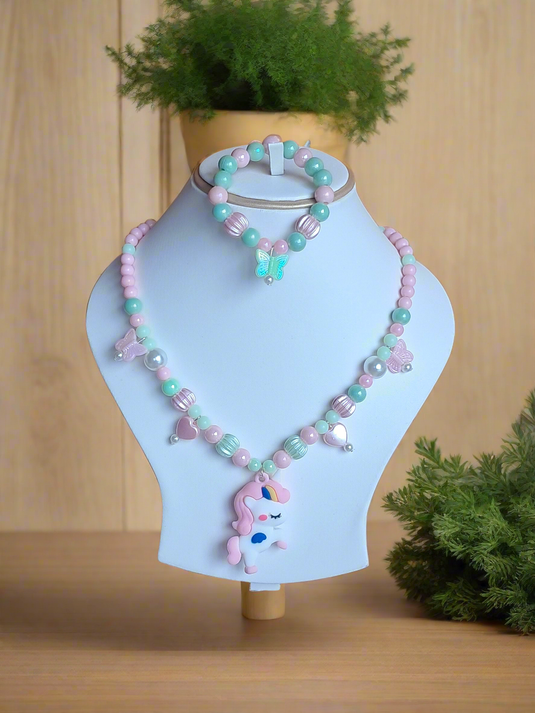 Green and Pink Beads Necklace and Bracelet Set for Girls