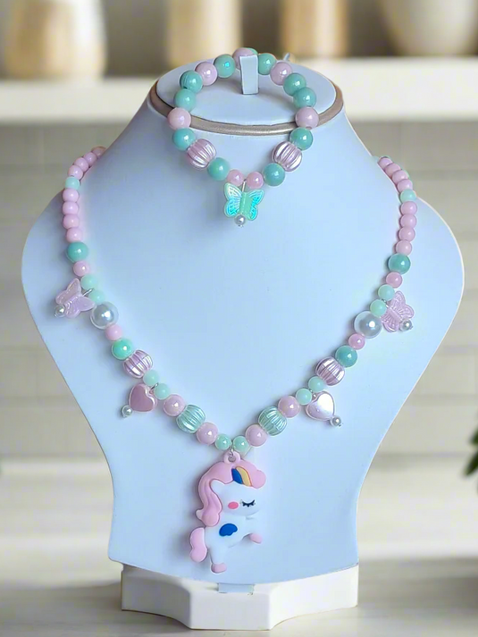 Green and Pink Beads Necklace and Bracelet Set for Girls