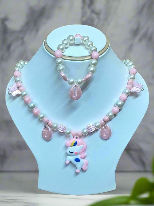 Baby Pink Pearl Beaded Unicorn Necklace and Bracelet Set for Girls