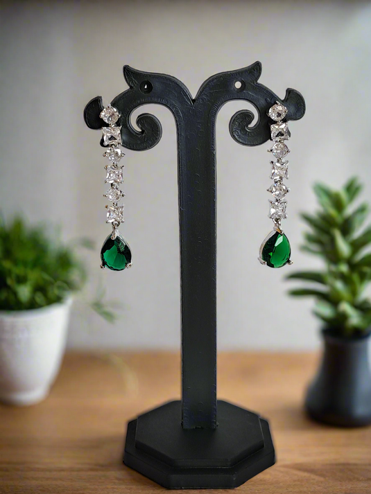 Silver Plated American Diamond Necklace Sets With Green Stone