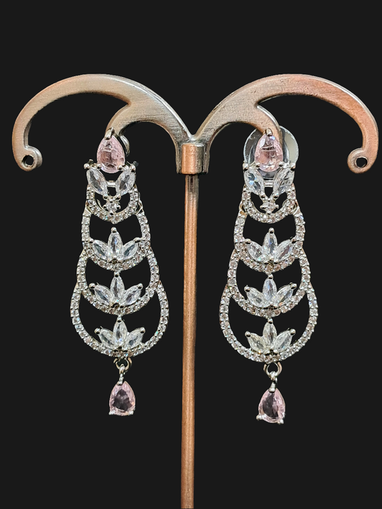 Aqua Pink Stone with American Diamond Earring