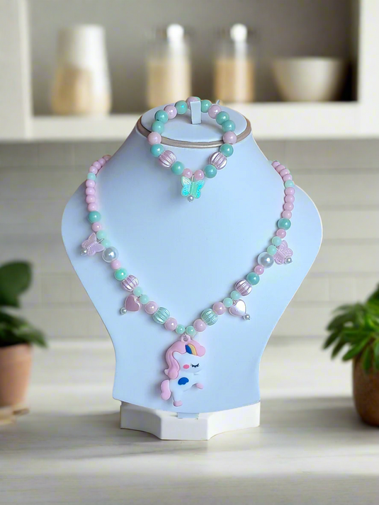 Green and Pink Beads Necklace and Bracelet Set for Girls