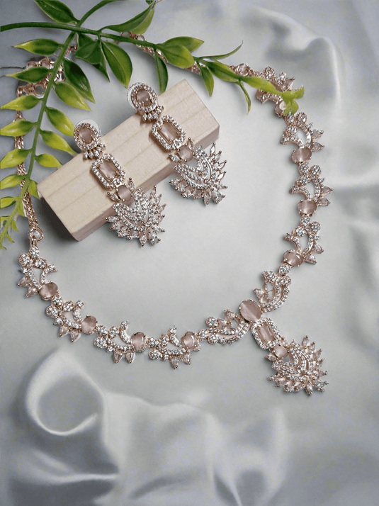 Rose Gold Plated American Diamond Necklace Sets With Pink Stone - Garimas