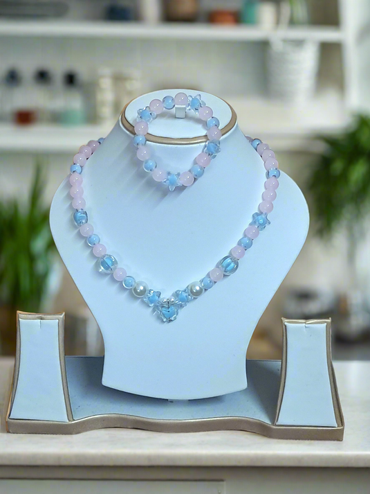 Pink Glass Beads Necklace and Bracelet Set for Girls
