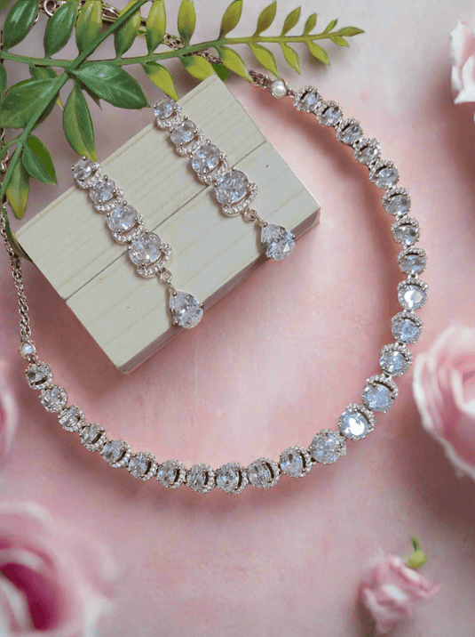 Rose Gold Plated American Diamond Necklace Sets With White Stone - Garimas
