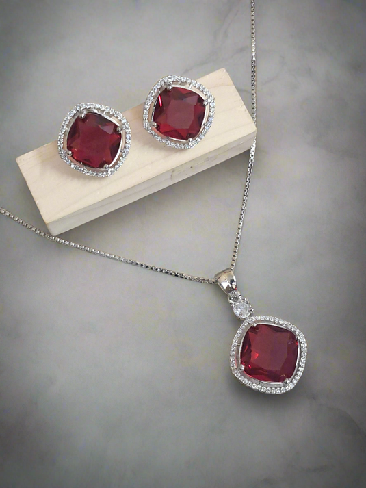 Rhodium-Plated Ruby & CZ Studded Pendant Necklace Set