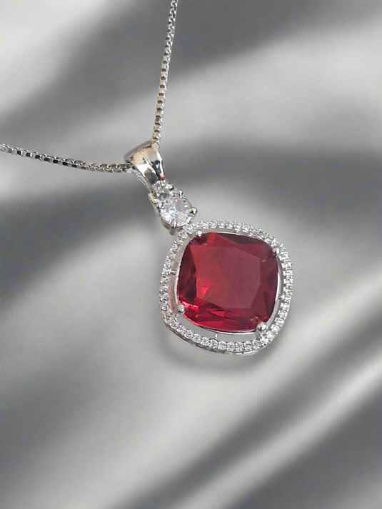 Rhodium-Plated Ruby & CZ Studded Pendant Necklace Set