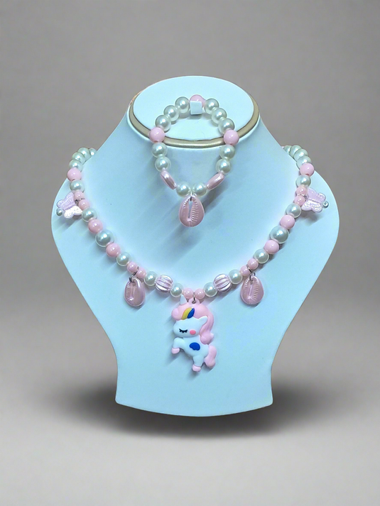 Baby Pink Pearl Beaded Unicorn Necklace and Bracelet Set for Girls