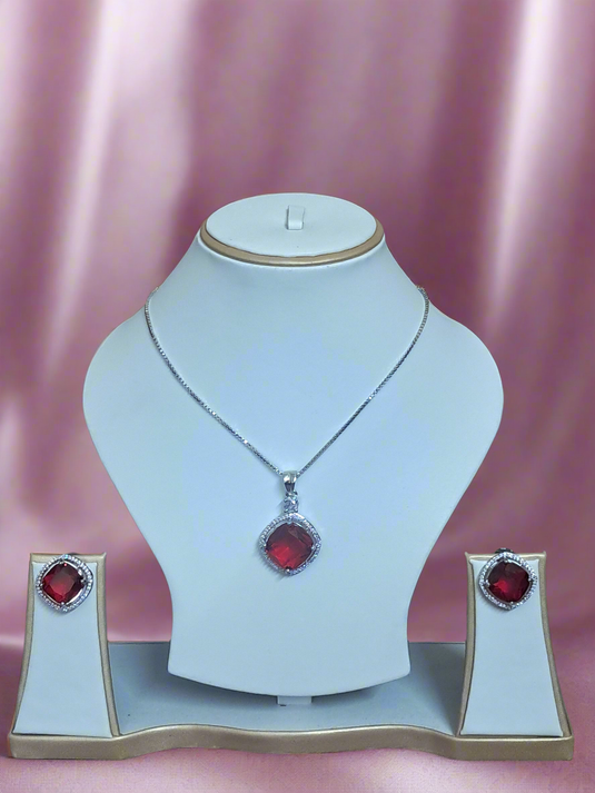Rhodium-Plated Ruby & CZ Studded Pendant Necklace Set