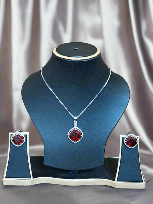 Rhodium-Plated Ruby & CZ Studded Pendant Necklace Set