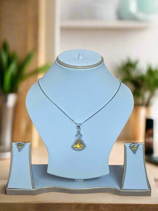 Pendant Set  CZ Studded and silver Plated chain Aqua yellow