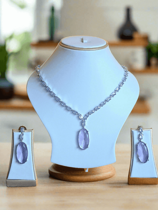 Silver Plated Aqua Purple Stone American Diamond Necklace Sets