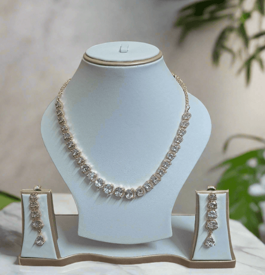 Rose Gold Plated  American Diamond Necklace Sets With White Stone
