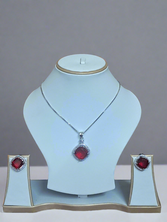 Rhodium-Plated Ruby & CZ Studded Pendant Necklace Set