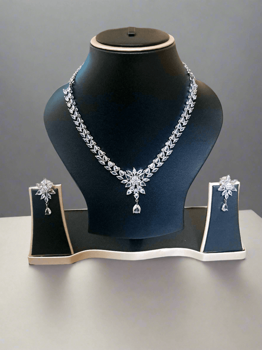 Silver Plated Aqua Pink Stone American Diamond Necklace Sets