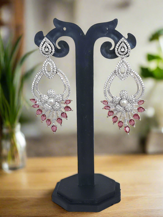 Pink American Diamond Studded Crystal Brass Drops & Danglers