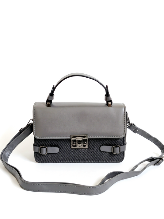 GARIMAS charcoal grey faux leather satchel handbag on a matte white background