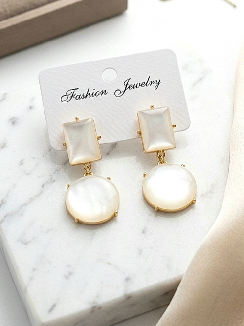 GARIMAS ivory cream geometric drop earrings with rectangular tops and round drops