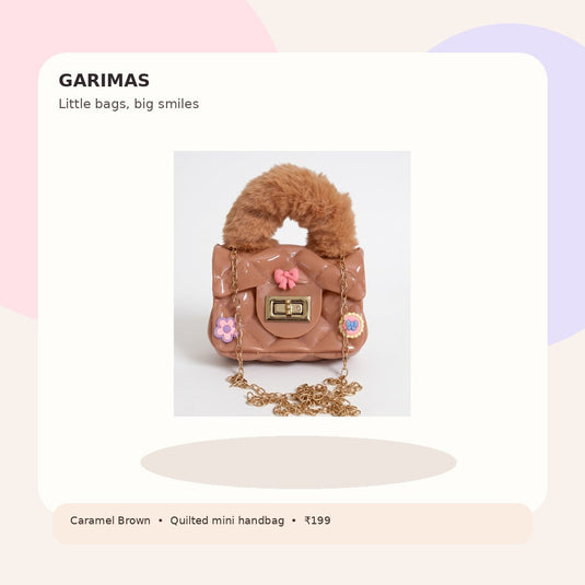 GARIMAS caramel brown kids handbag on a playful pastel lifestyle-style promotional background