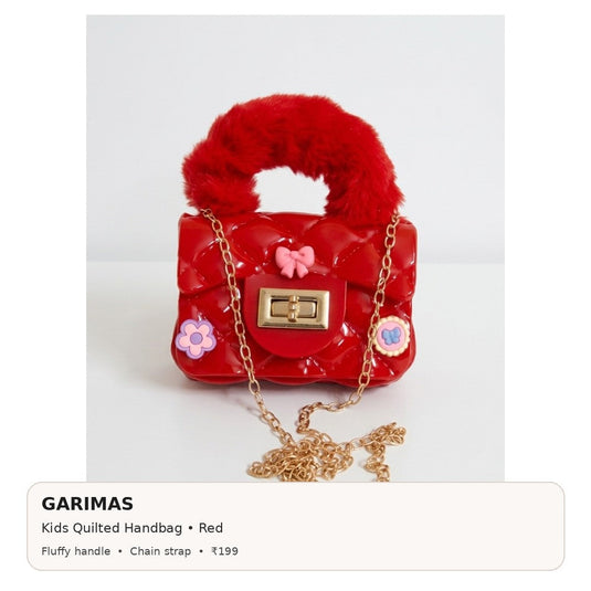 GARIMAS red kids handbag infographic with colour, key features and ₹199 price