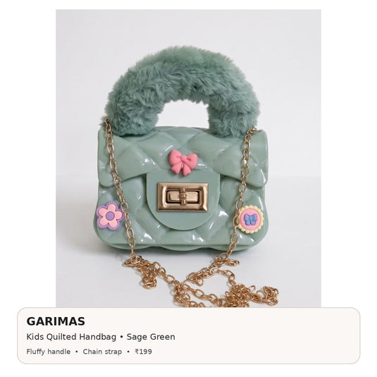 GARIMAS sage green kids handbag infographic with colour, key features and ₹199 price