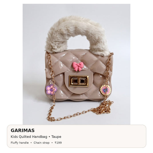 GARIMAS taupe kids handbag infographic with colour, key features and ₹199 price