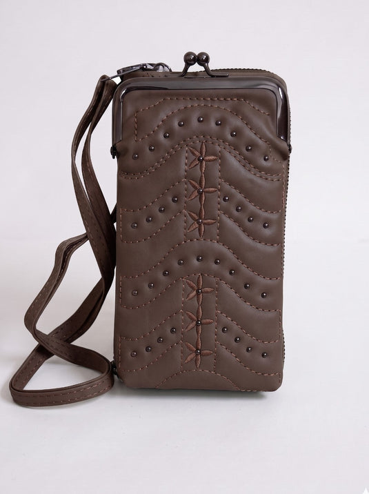 GARIMAS Chocolate Brown faux leather crossbody sling bag with kiss-lock mobile pouch