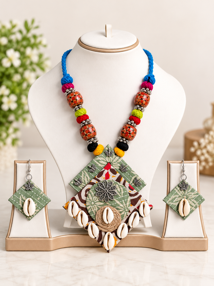 GARIMAS bohemian cowrie shell necklace with colourful beads and matching earrings