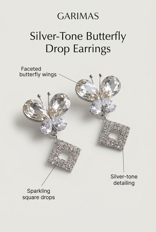 GARIMAS silver-tone butterfly earrings infographic showing faceted wings, sparkling square drops and silver-tone details.