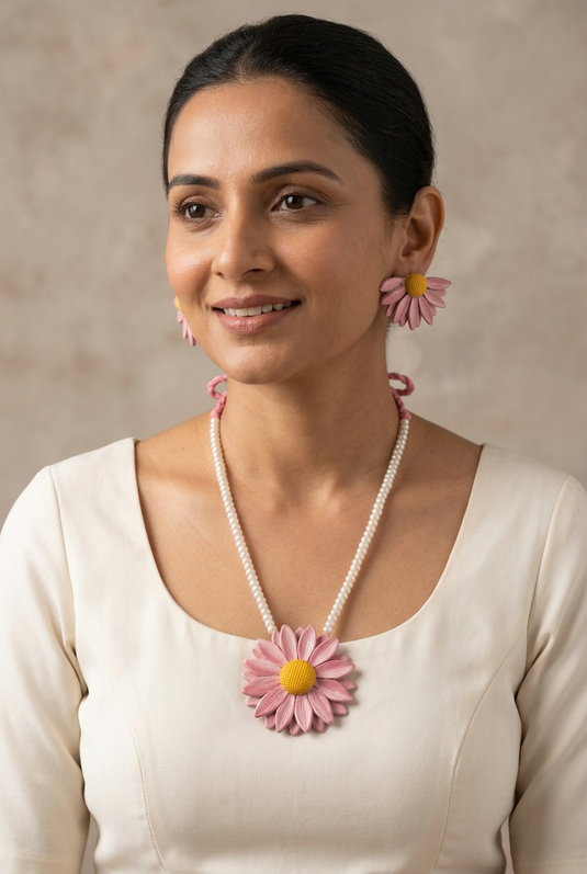 Woman in an ivory blouse wearing a handmade pink daisy clay necklace and matching earrings with yellow centres.