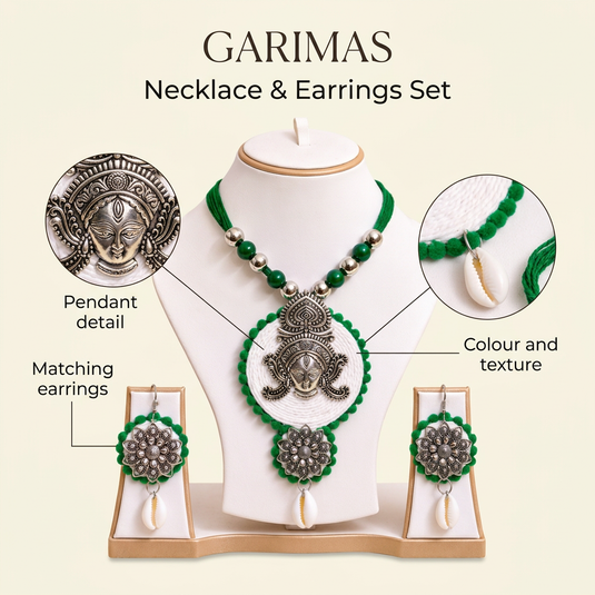 GARIMAS green necklace and earrings set detail infographic