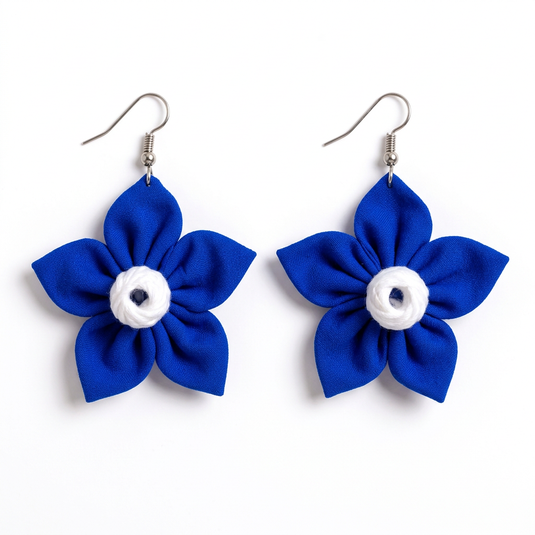GARIMAS blue fabric flower earrings with white centres