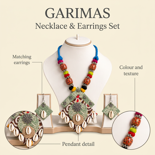 GARIMAS bohemian cowrie shell necklace set detail infographic