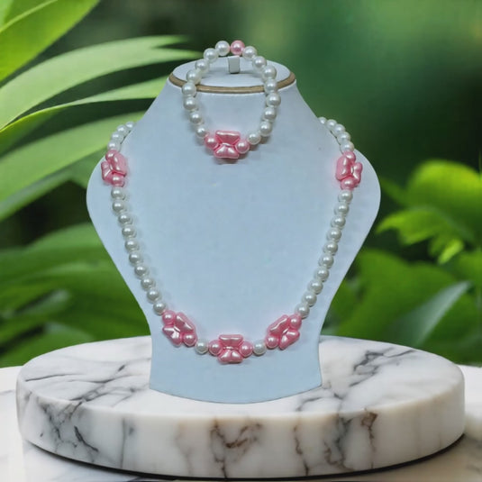 White and Pink  Beads Necklace and Bracelet Set for Girls