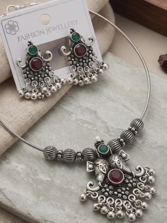 Antique Oxidized Necklace & Earring Set - Red & Green Stones