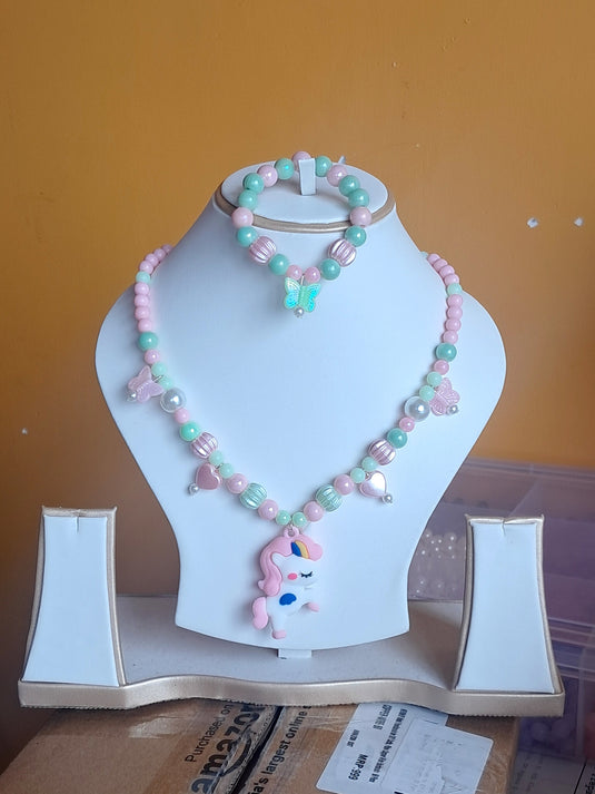 Green and Pink Beads Necklace and Bracelet Set for Girls