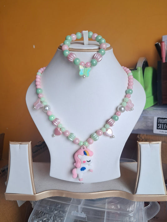 Green and Pink Beads Necklace and Bracelet Set for Girls