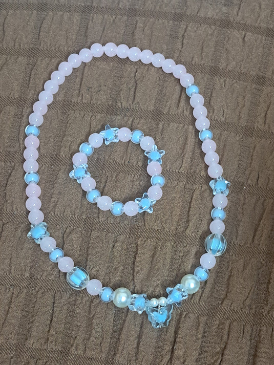 Pink Glass Beads Necklace and Bracelet Set for Girls