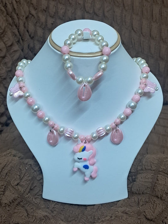 Baby Pink Pearl Beaded Unicorn Necklace and Bracelet Set for Girls